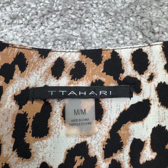 Tahari Leopard Button Down Blouse Women Medium Brown Collarless Long Sleeve NWOT - Picture 6 of 13